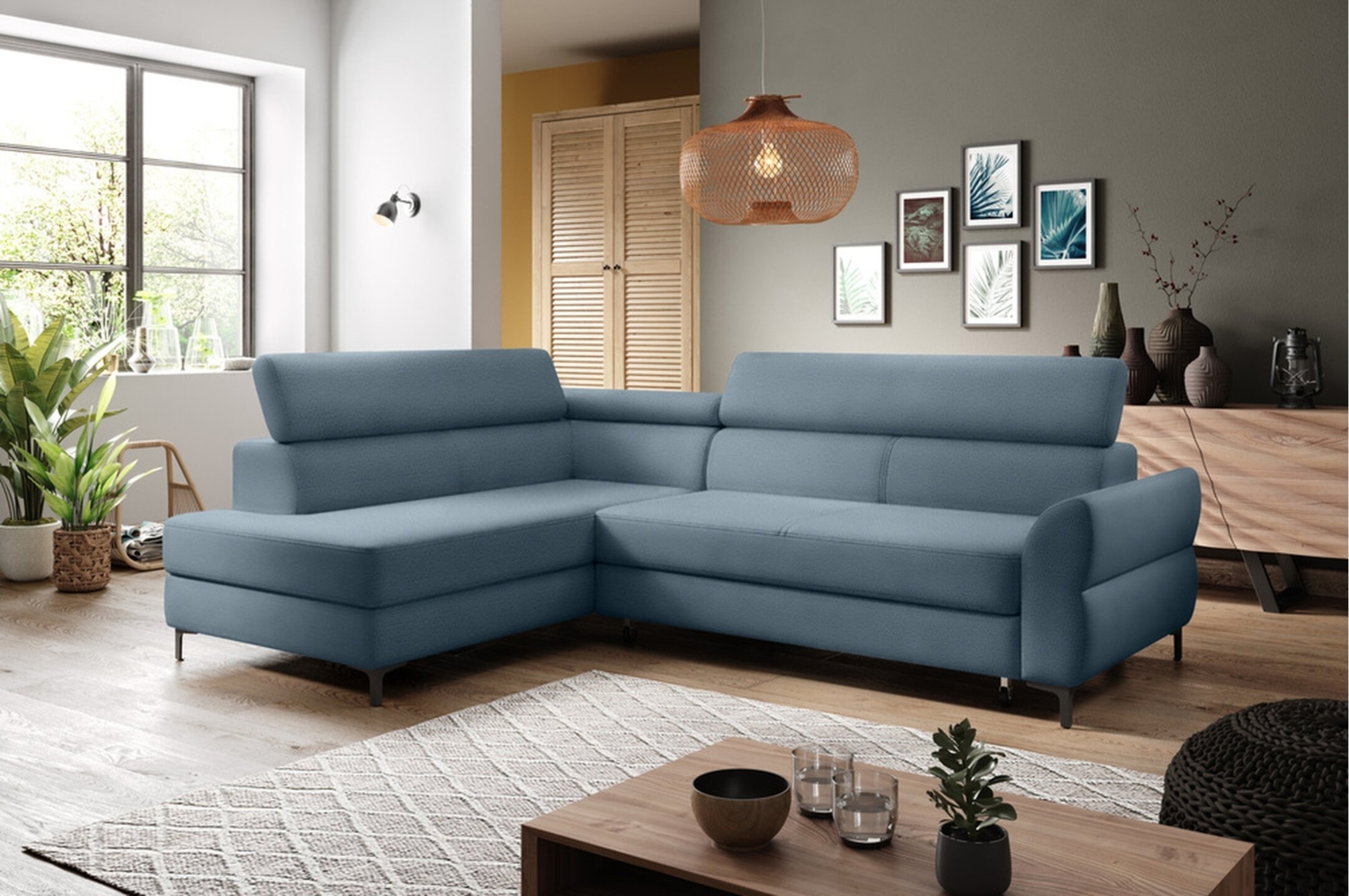 Stylefy Remondini Ecksofa Strukturstoff Pastellblau Links Bild 1