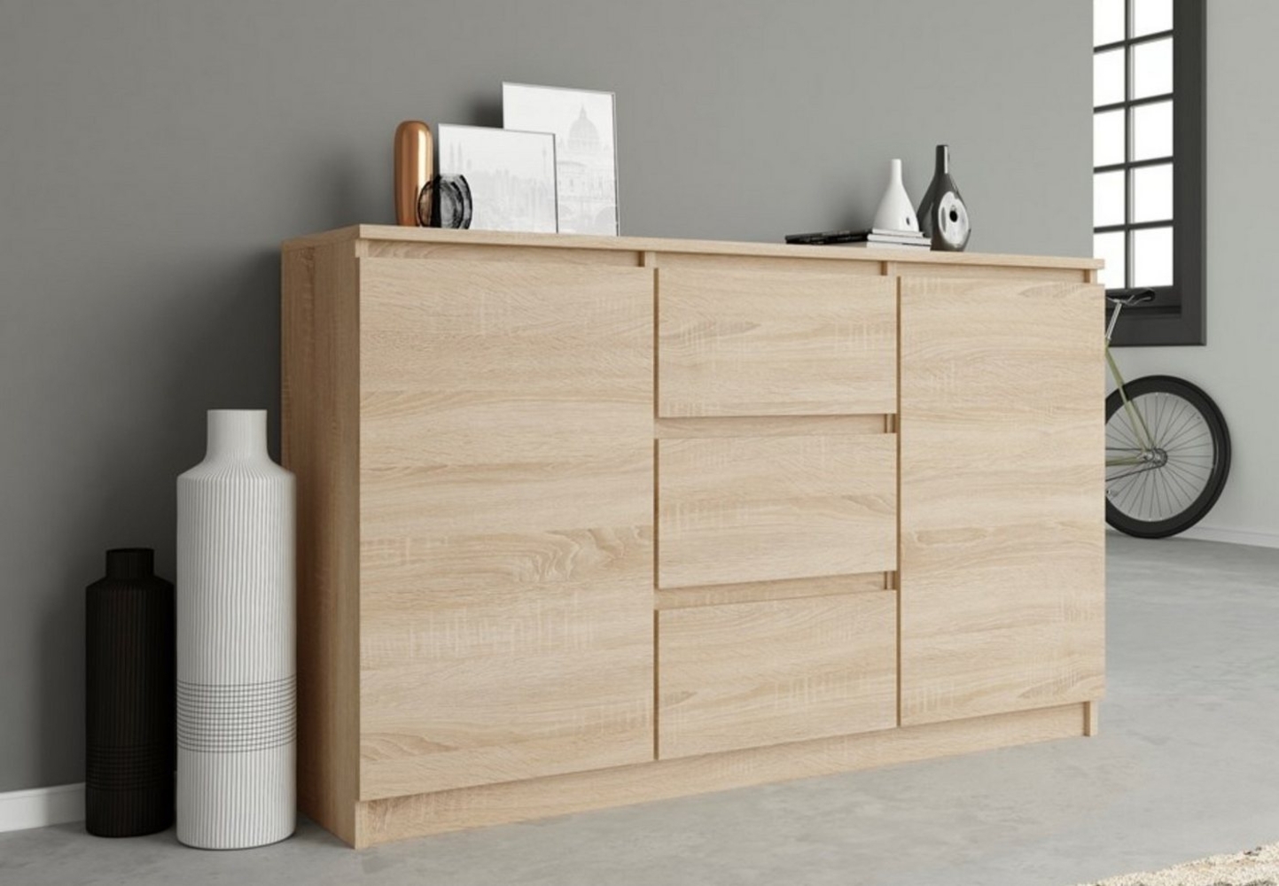 Home Collective Kommode Highboard Sideboard für Flur Schlafzimmer Wohnzimmer (Perfekt für Wohnzimmer, Schlafzimmer oder Esszimmer), mit 3 Schubladen und 2 Türen, Breite 120 cm Höhe 75, Sonoma Bild 1