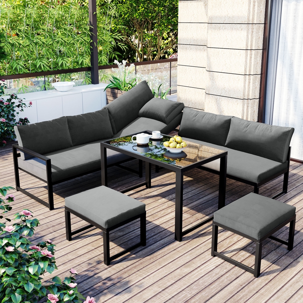 Merax Gartenlounge-Set, Aluminium Sitzgruppe für Garten Balkon , mit Liegefunktion, Vierter Gang verstellbare Rückenlehne, Tisch mit Sicherheitsglasplatte, inkl. weiche Sitz- und Rückenkissen, Grau Bild 1