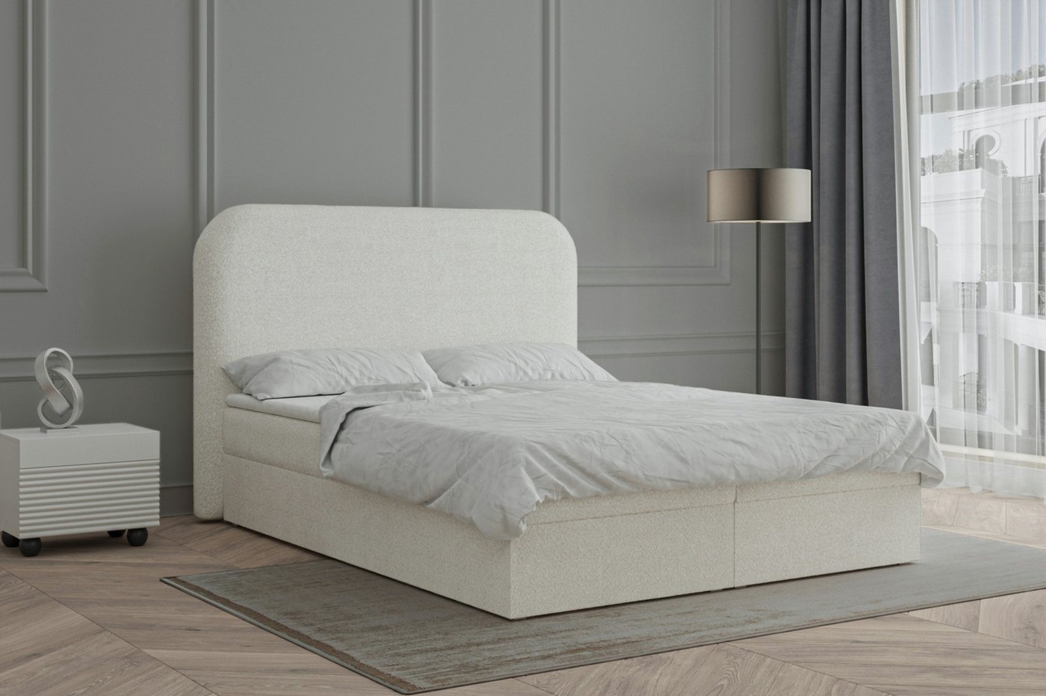MOEBLO Boxspringbett aus Bouclé Bett 07 (Bonell, Topper, Doppelbett gepolstertes Kopfteil mit Bettkasten Boxspringbett, aus Boucle, Polsterbett Kontinentalbett, Polsterbett Kontinentalbett), Boxspring, (BxHxT):158/178/198x120x214cm Bild 1