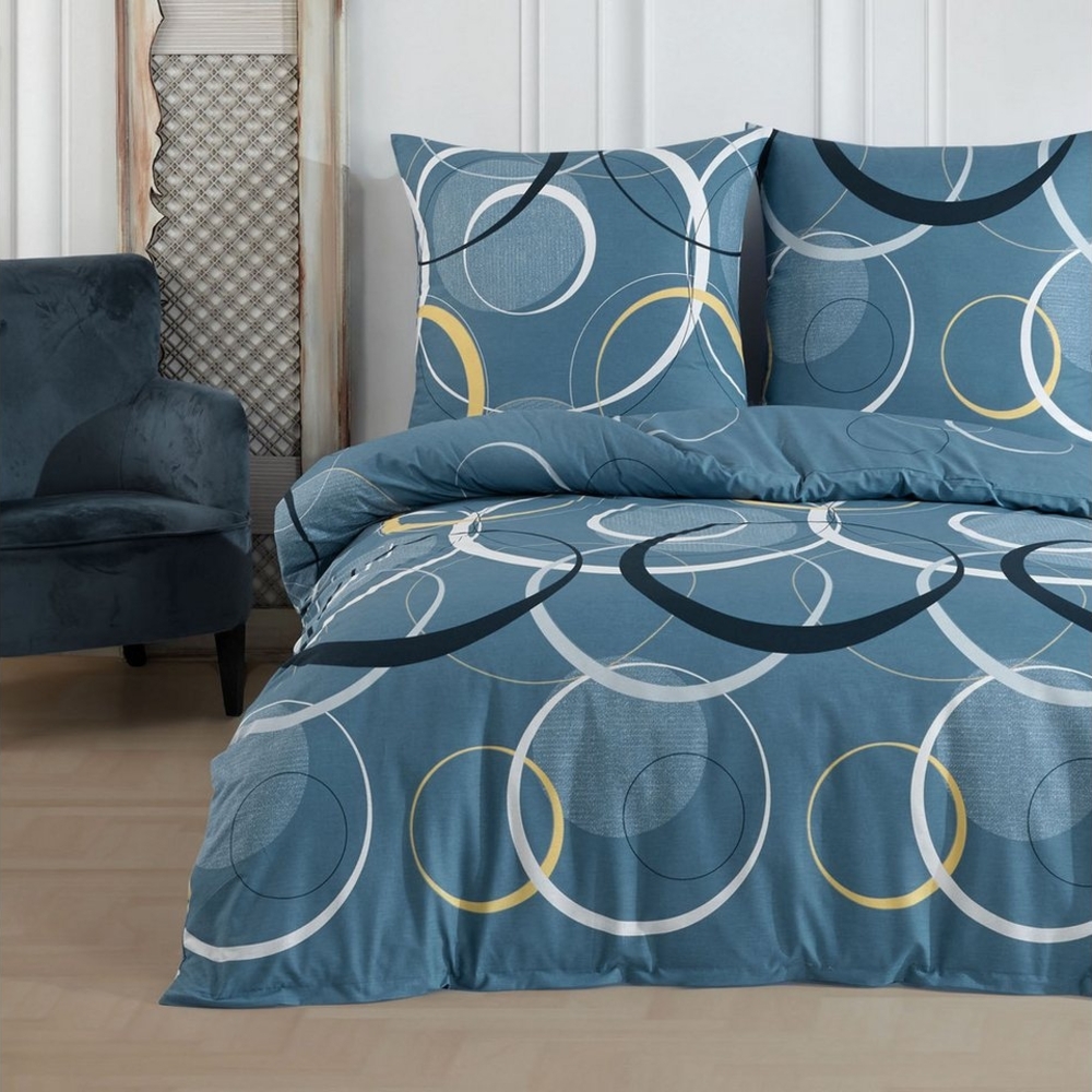 Buymax Bettwäsche Wave, Bettgarnitur, Bettbezug Set, Renforcé: 100% Baumwolle, 2 teilig, mit Reißverschluss, gemustert, Kreise, Blau, Petrol, 155x220 cm Bild 1