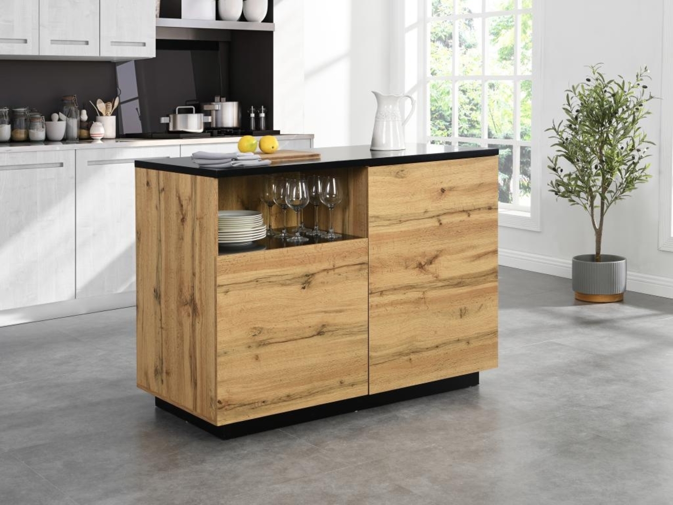 Vente-unique - Kücheninsel mit 2 Türen & 1 Ablagefach aus MDF - Holzfarben & Schwarz - CORELINA Bild 1