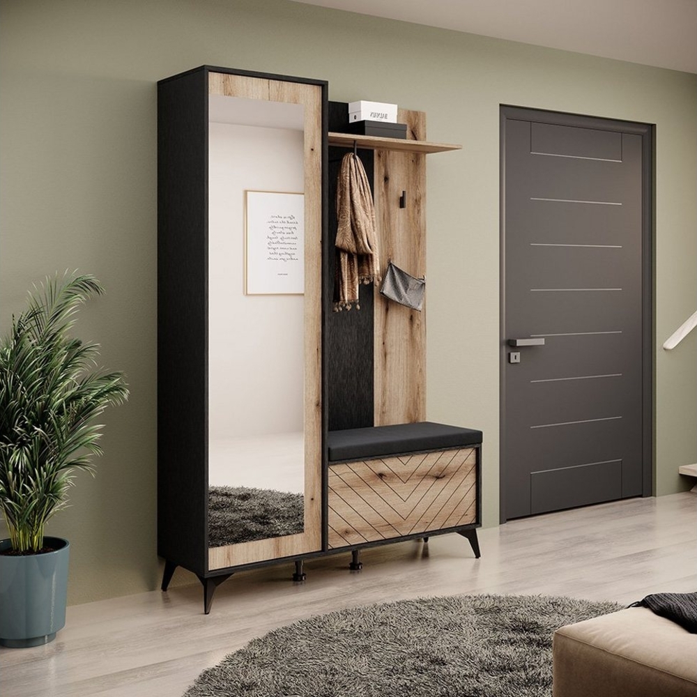 Lomadox Garderoben-Set DALE-160, (Spar-Set, 2-St), Flurmöbel Flurschrank Garderobenbank schwarz mit Eiche 134x197x39 cm Bild 1
