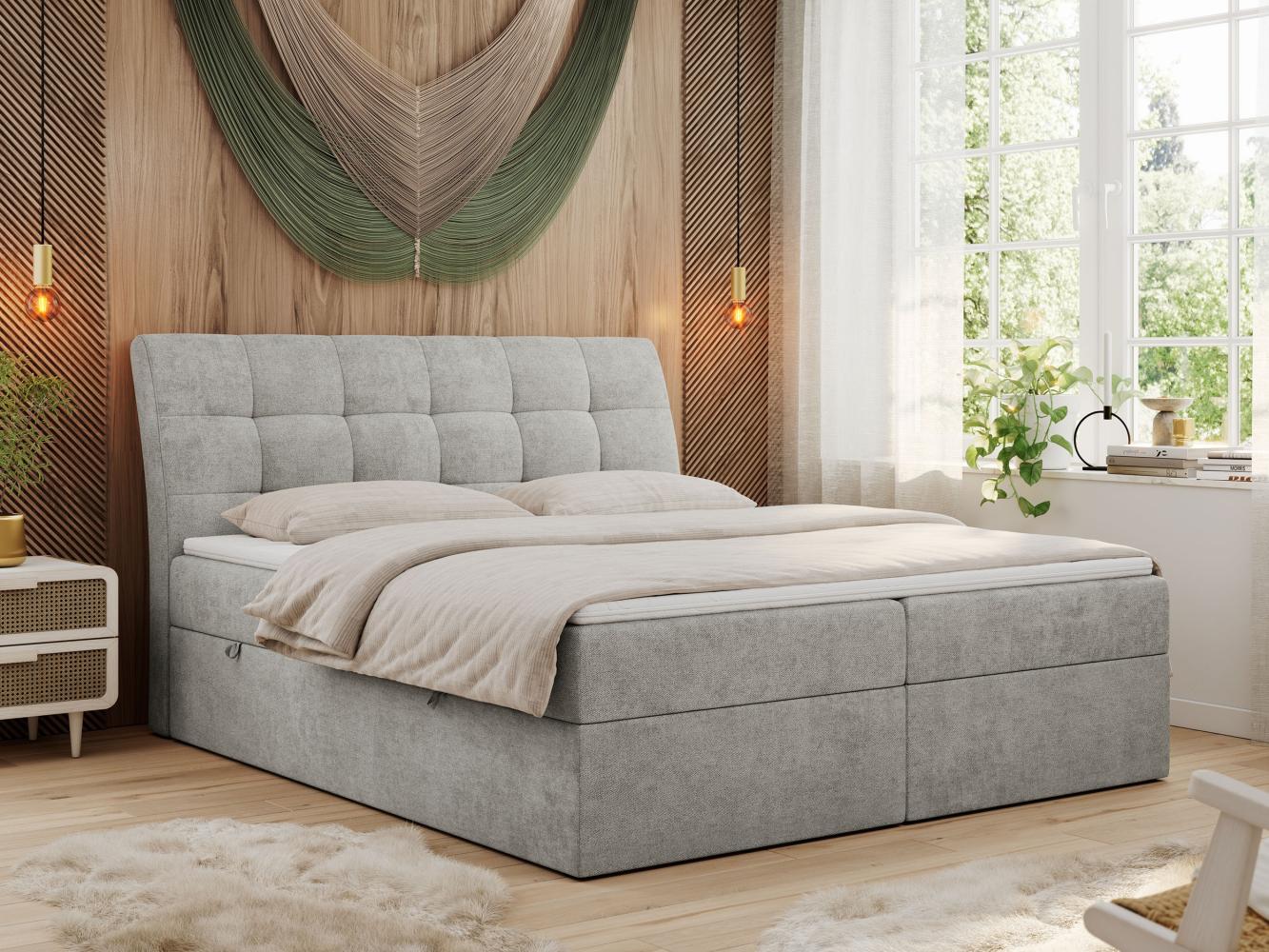 Boxspringbett Polsterbett mit Multipocket-Matratze und Topper - DIEGOS - 200x200cm - Hellgrau Stoff - H3 Bild 1