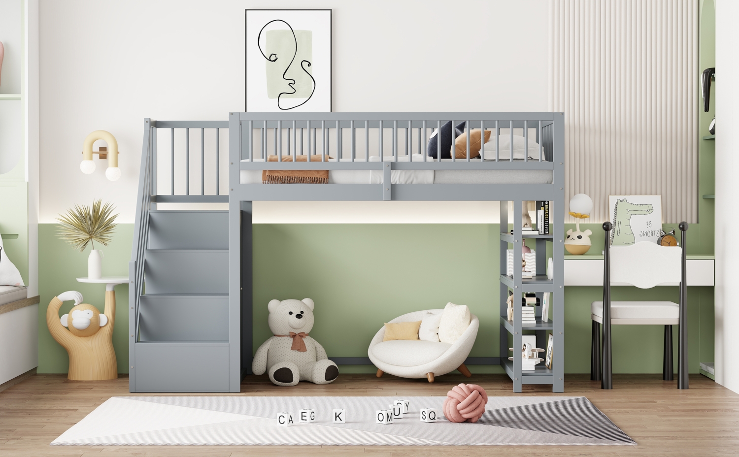 Hochbett 90x200 cm Weiß Grau Mit Schrank Und Regal Multifunktionsbett Kinderhochbett Mit Sicherheitsgeländer Und Leiter Kiefernholz Etagenbett Mit Stauraum Platzsparendes Jugendzimmer Bett Spielbereich Bild 1