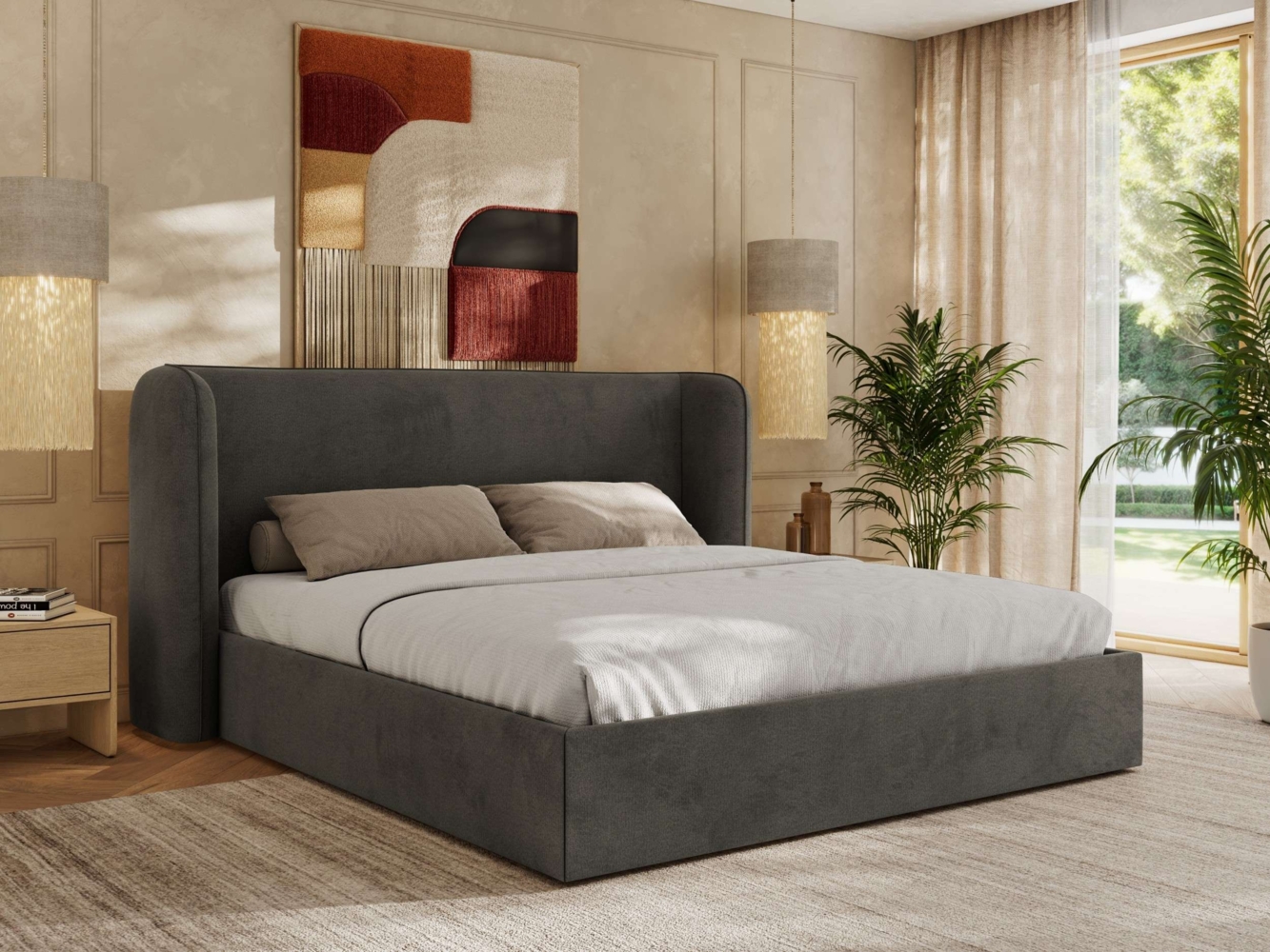 Polsterbett Bett mit Holzlattenrost Schlafzimmer Bett Doppelbett gepolstertes Kopfteil Pocket Matratze - EMORA CLASSIC - 200x200 cm - Dunkelgrau Velvet - VIRE LUX Bild 1