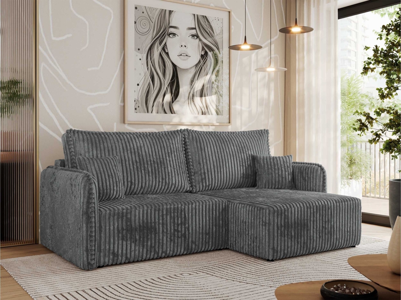 L-förmiges Ecksofa mit Armlehnen, für das Wohnzimmer, Schlaffunktion und Bettkästen, Wellenfeder am Sitz, losen Kissen - MESTO - Dunkelgrau Cord - rechte Seite Bild 1