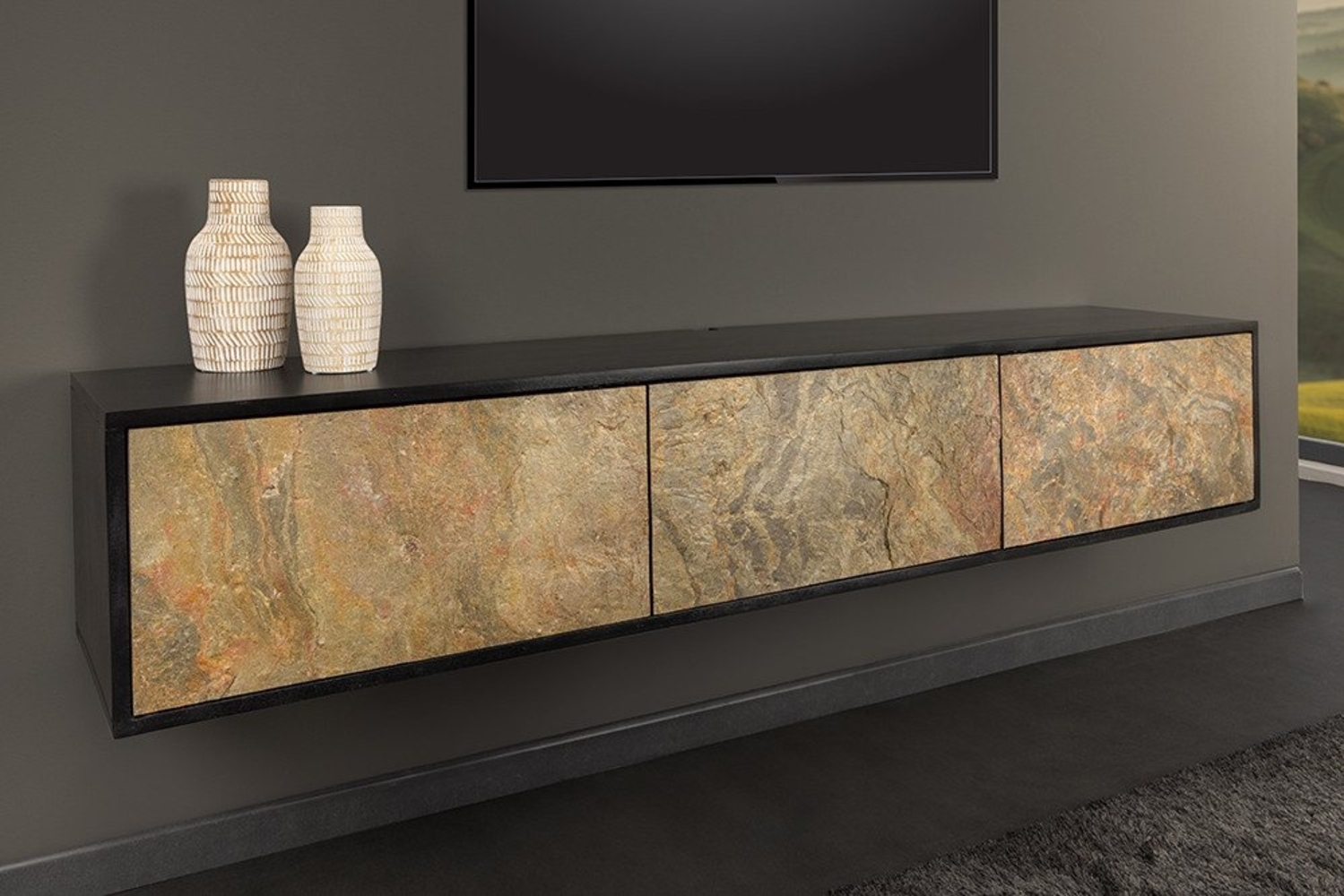 riess-ambiente TV-Board MOUNTAIN SOUL 160cm schwarz / grau-grün · Lowboard aus Massivholz (Einzelartikel, 1 St), hängend · Naturstein-Front · grifflos · mit Stauraum · Akazie · Design Bild 1