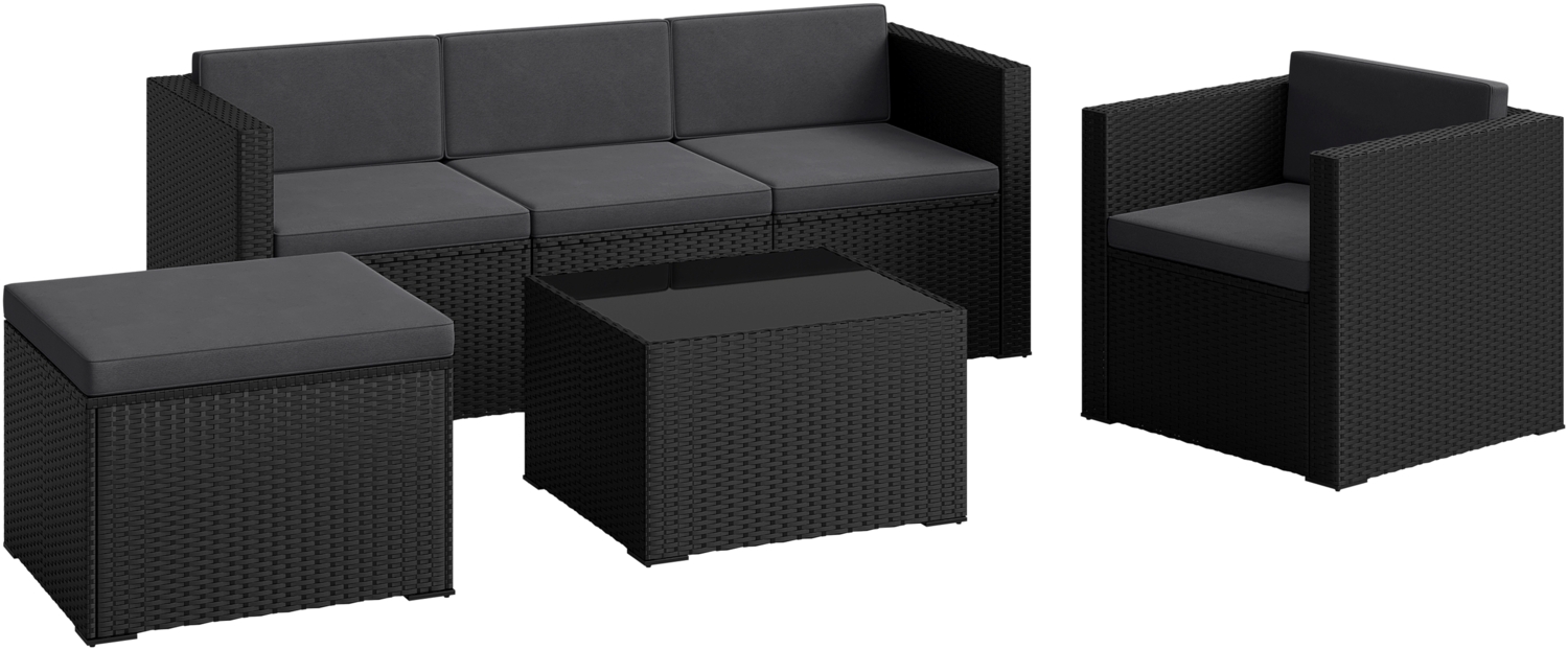 STEELSØN 'Zethora' Polyrattan 4er-Sitzgruppe (3er-Sofa, Sessel, Hocker, Tisch), schwarz/anthrazit Bild 1