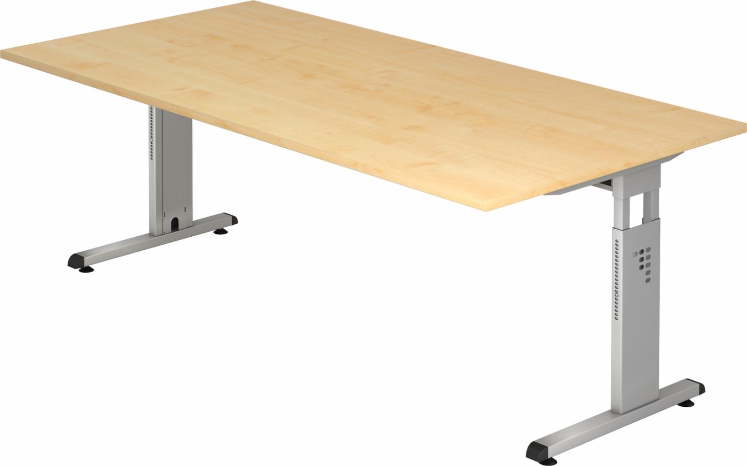 bümö höhenverstellbarer Schreibtisch O-Serie 200x100 cm in Ahorn, Gestell in Silber - großer PC Tisch für's Büro manuell höhenverstellbar, Computertisch verstellbar, OS-2E-3-S Bild 1