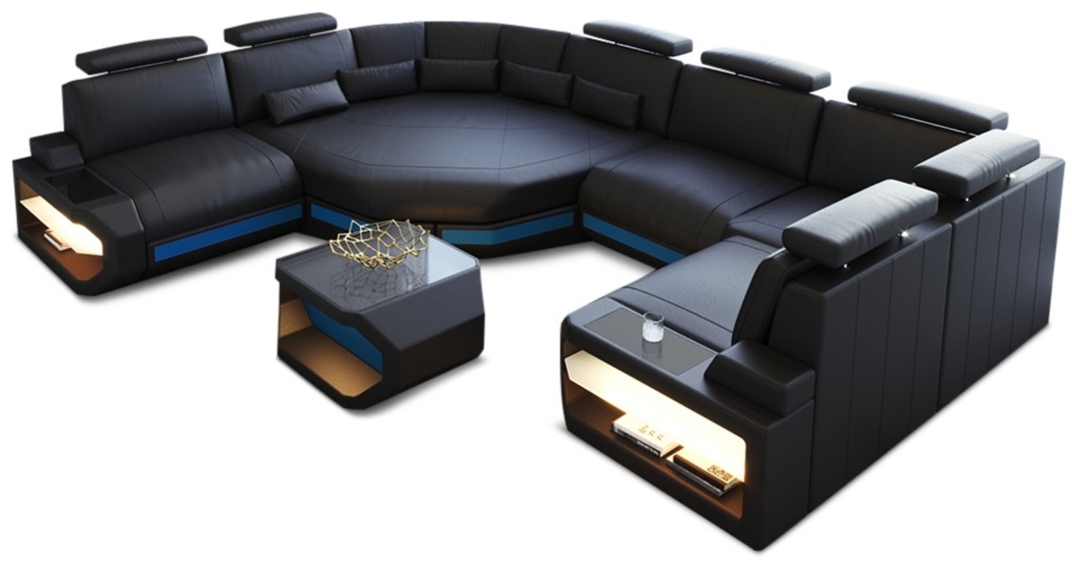 Sofa Dreams 'Mini Asti U' Wohnlandschaft, 93 x 280 x 352 cm, Schwarz / Blau, Echtleder, Links Bild 1