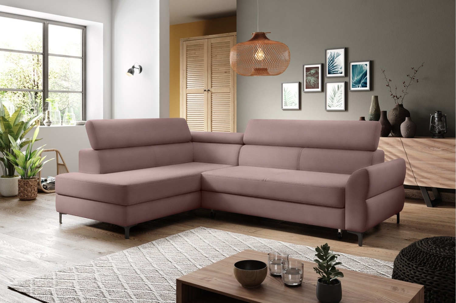 Stylefy Remondini Ecksofa Strukturstoff Rosa Links Bild 1