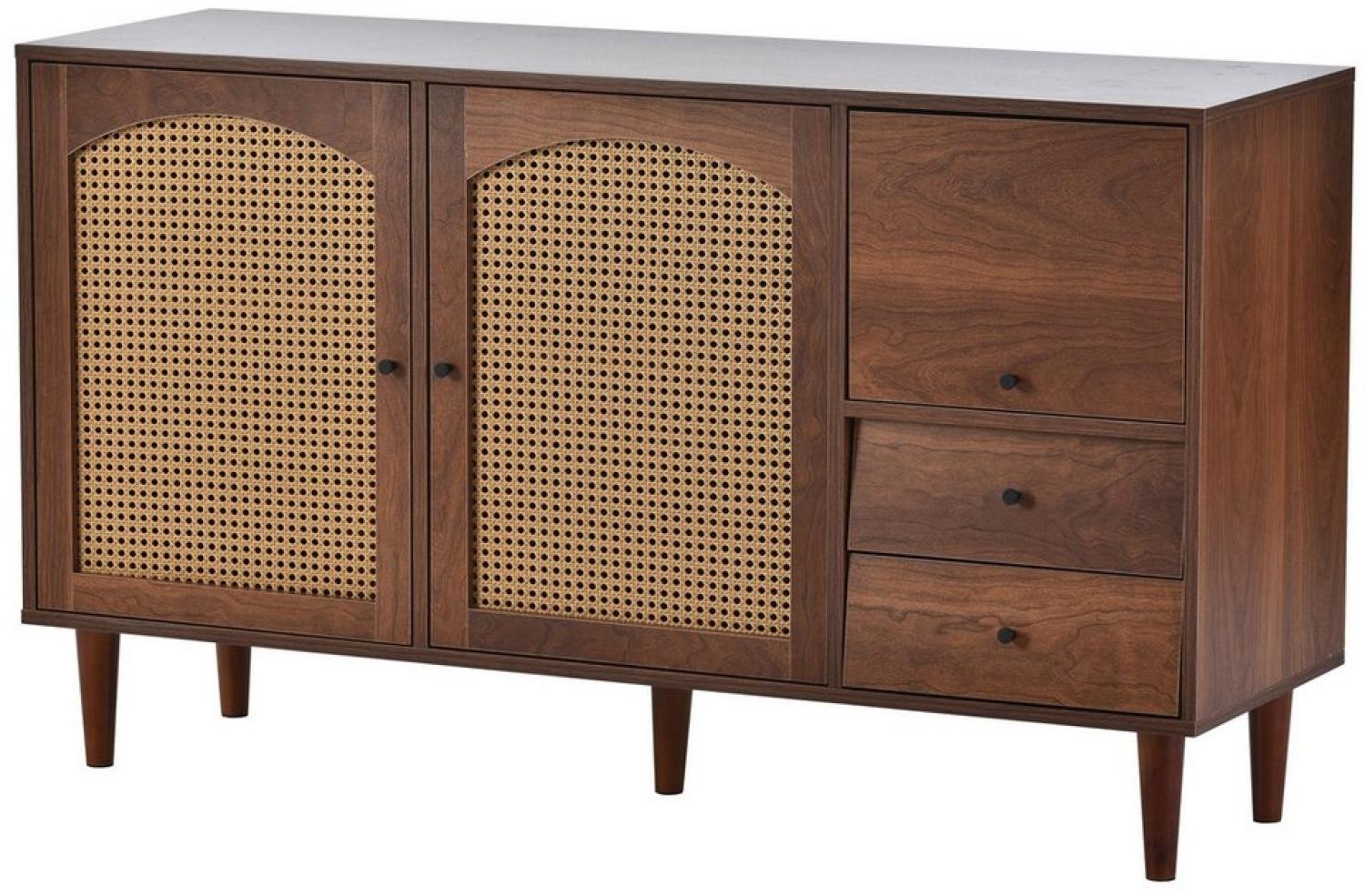 KLAM HOME Sideboard Kommode Mit Rattan Einsatz 130*75.5*40 cm (mit 3 Türen und 2 unregelmäßigen Schubladen), Esszimmer Anrichte Sideboard Küchenschrank Aufbewahrungsschrank Bild 1