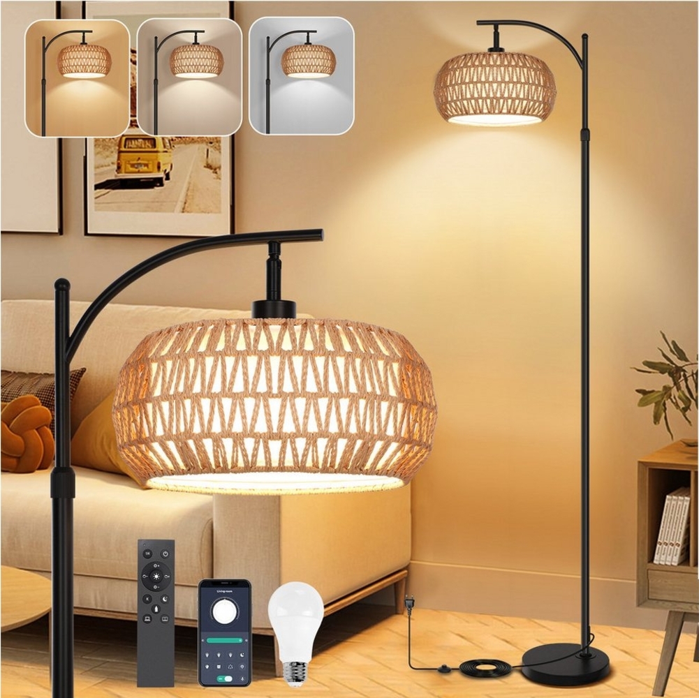 Merry 2024 Bogenlampen LED Stehleuchten Dimmbare,Rattan Stehlampe mit Fernbedienung, Stoff-Doppellampenschirme,Stehlampe für Schlafzimmer, Wohnzimmer Bild 1