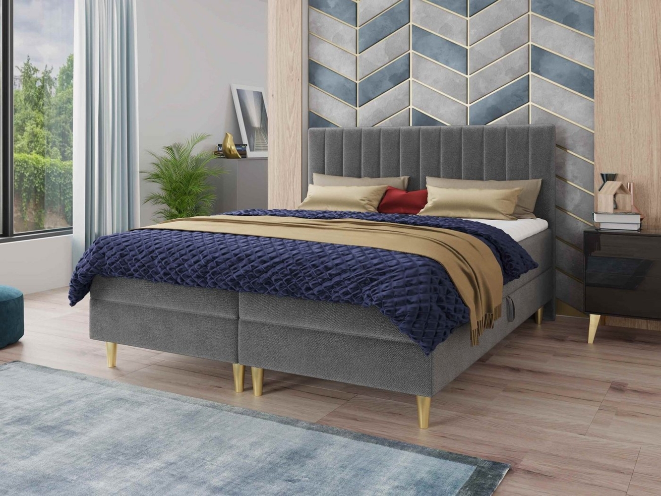 Boxspringbett Gold mit 2 Bettkästen und Topper - Doppelbett, Bonell-Matratze, Polsterbett, Bett mit Matratzentopper, Schlafzimmer, Velours Stoff (Grau (Manila 16), 160x200 cm) Bild 1