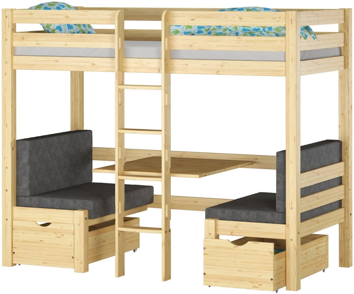 Hochbett mit Sitzbank und Tisch, Holzhochbett Kinder 90x200 cm wählbares Zubehör V-60. 22-09 mit Rollrost, Polster und Matratze Bild 1