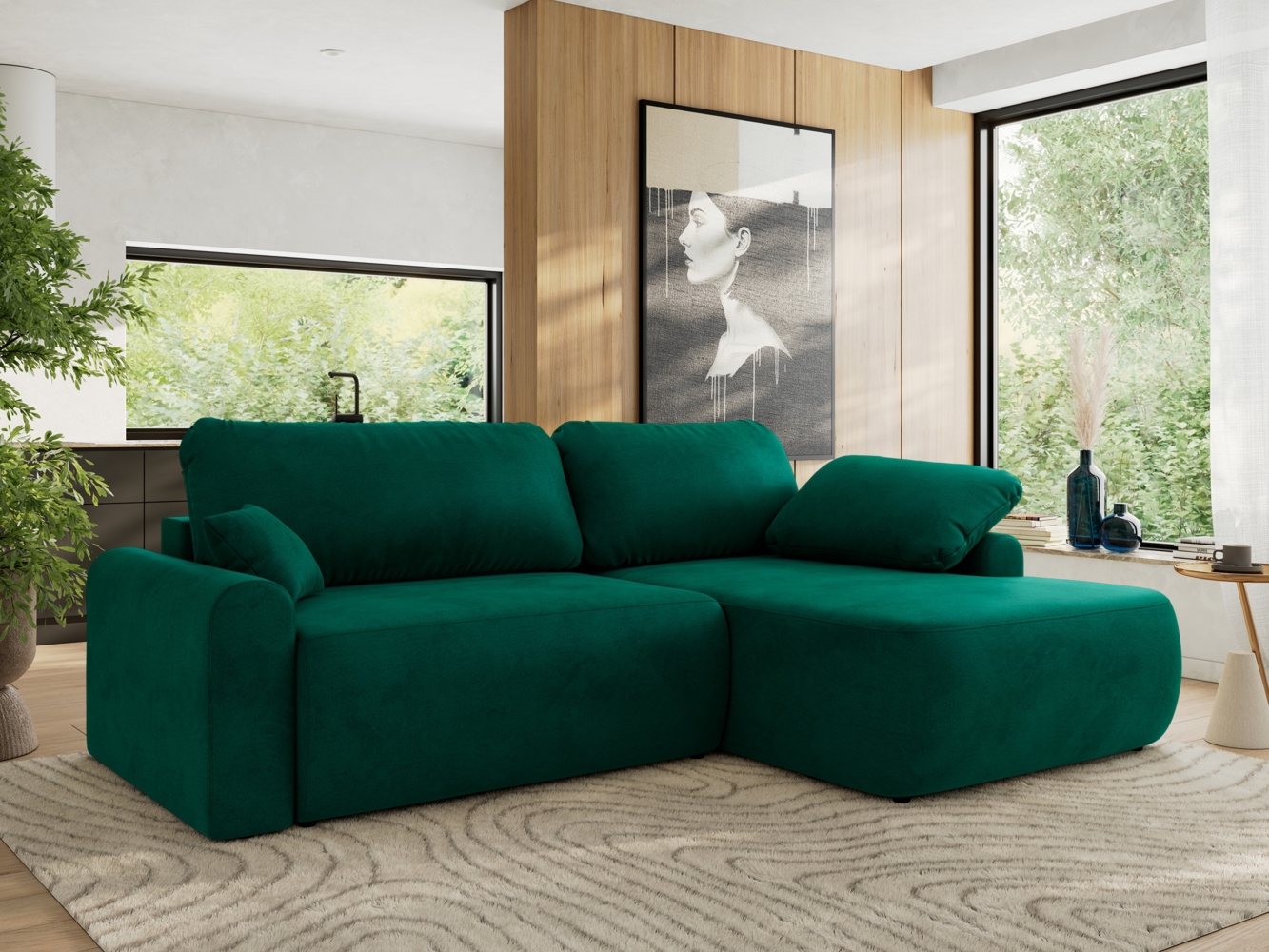 Ecksofa, L-förmiges, lose Kissen, DL-Schlaffunktion, (H 100 x T 187 x B 273 cm) - CUBO L - Velours Dunkelgrün - rechte Seite Bild 1