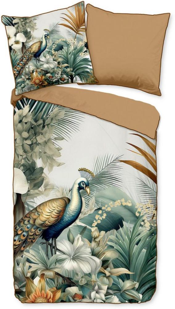 Descanso Wendebettwäsche Dana1, Satin, 2 teilig, Mako Satin, 135x200, Biese, Reißverschluss, Wendeoptik, Blumen, Pfau Bild 1