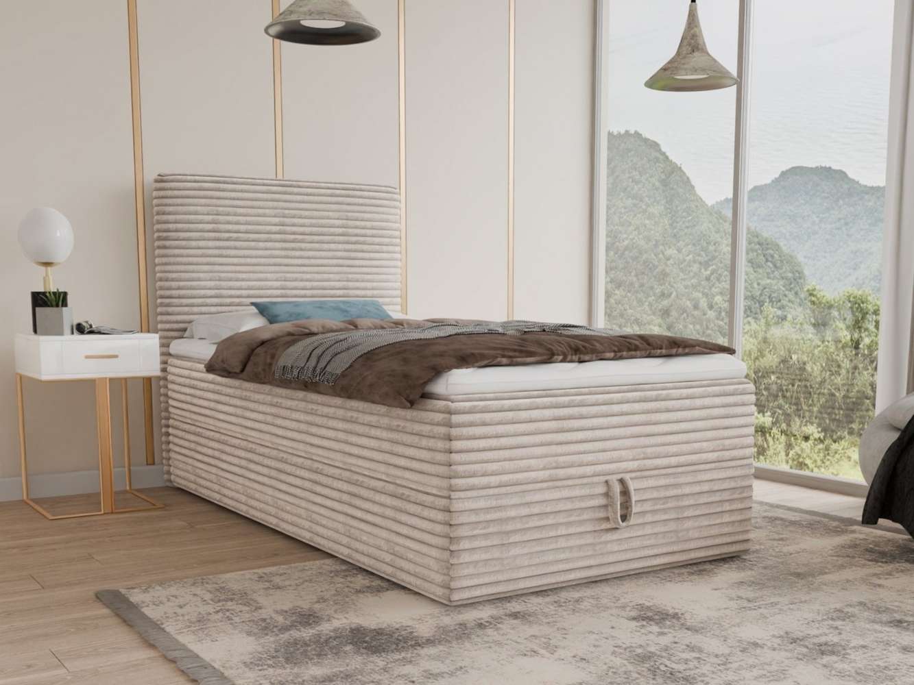 Boxspringbett Mollo Mini mit Bettkasten und Matratzentopper - Einzelbett mit Bonell-Matratze und Topper, Polsterbett in weichem Cordstoff, Bett, Schlafzimmer (Beige (Tilia 03), 100 x 200 cm) Bild 1