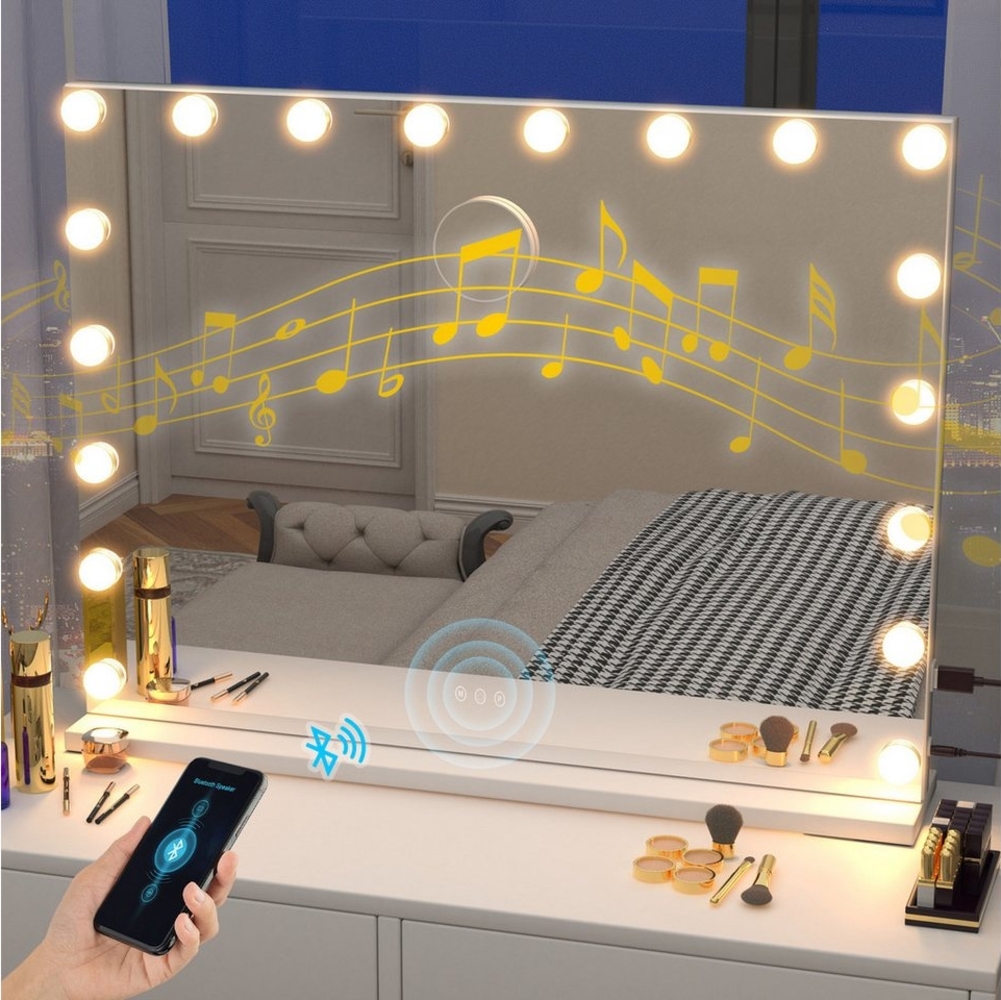 oyajia Schminkspiegel Hollywood Kosmetikspiegel mit 15/18 LEDs und Bluetooth-Lautsprecher (3 Lichtfarben stufenlos dimmbar mit LED touchscreen), Einstellbare Schminkspiegel für Wohnzimmer, Schlafzimme, Hotel Bild 1