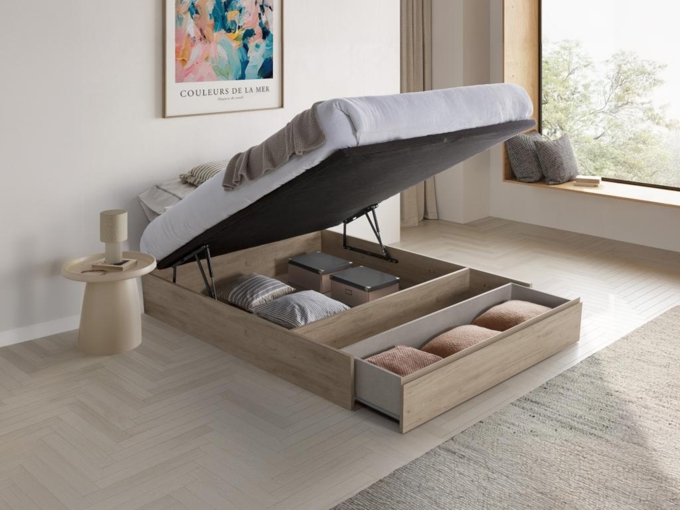 Vente-unique - Bettgestell mit Bettkasten mit Schublade - 140 x 190 cm - Holzfarben hell - HESTIA von YSMÉE Bild 1