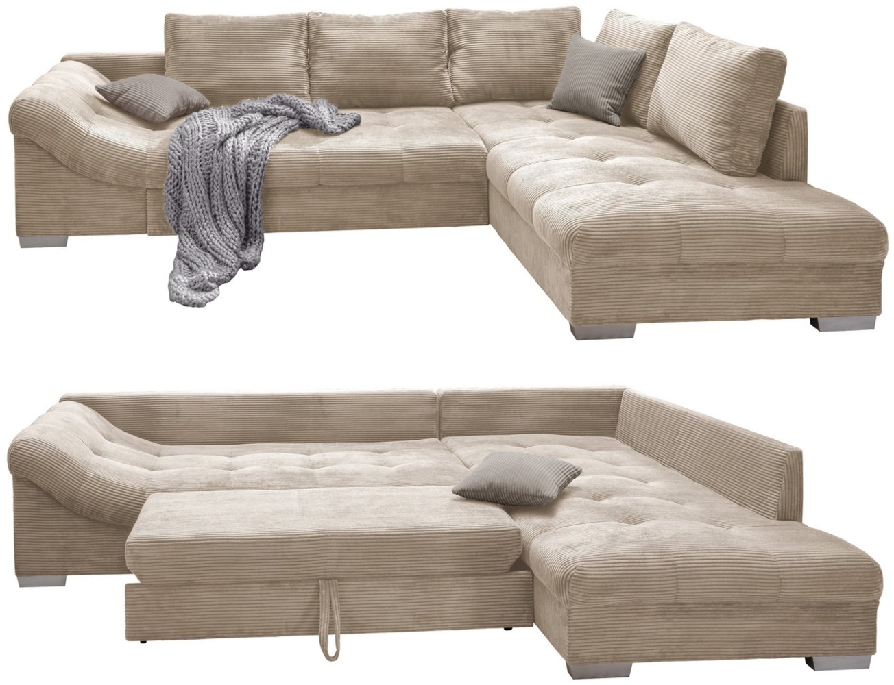 luma-home Ecksofa 17203, mit Bettfunktion 298x202 cm, Wellenunterfederung, Ottomane rechts, Bezug Cord Beige Bild 1