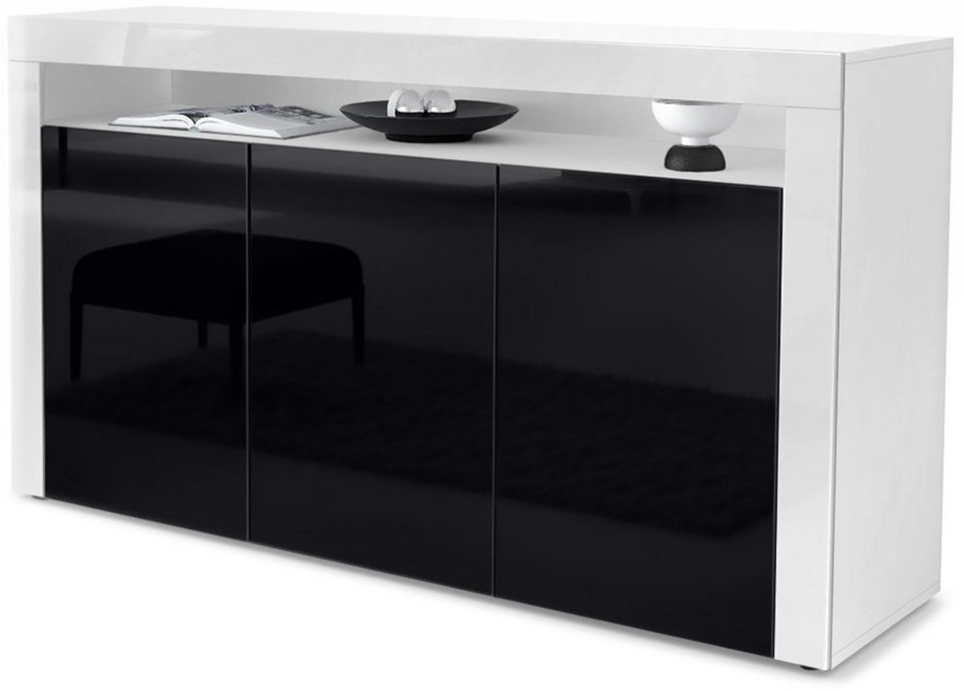 Vladon Sideboard Valencia, Kommode mit 3 Türen und 1 offenem Fach, Weiß matt/Schwarz Hochglanz/Weiß Hochglanz (155 x 92 x 40 cm) Bild 1