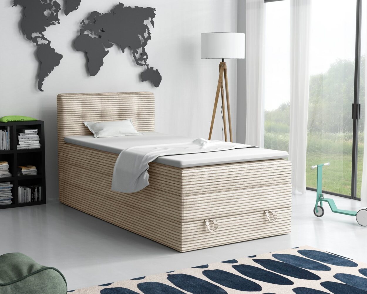 Deine Möbel 24 Boxspringbett JUNG 2 Polsterbett Komplettbett Hotelbett Cord-Stoff inkl. Topper (für Jugendliche Jugendbett Cord Beige Creme Grau Schwarz Anthrazit, 3-St, Bonellfederkernmatratze H3 Taschenfederkernmatratze H4), 90x200 100x200 120 cm Ein... Bild 1