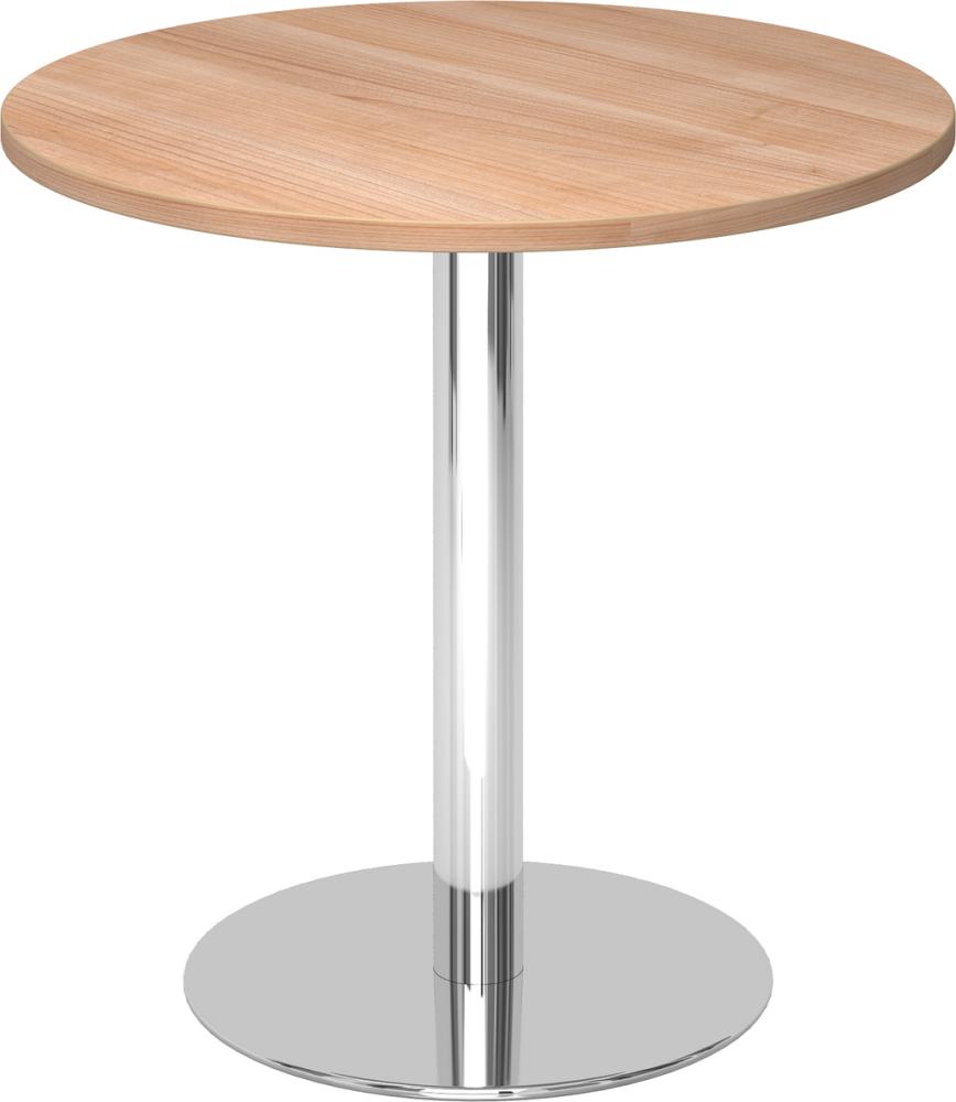 bümö Besprechungstisch, Esstisch klein, Tisch rund 80 cm - kleiner Esstisch Nussbaum, Rundtisch Esstisch 2 Personen mit Holz-Platte, Säule aus Metall verchromt, Konferenztisch, Bistrotisch, STF08-N-C Bild 1