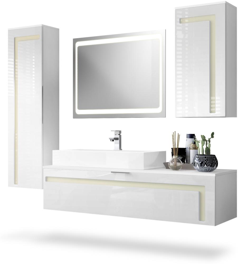 Badmöbel Komplettset Aloha, Korpus in Weiß matt / Fronten in Weiß Hochglanz mit Absetzungen in Creme Hochglanz, mit Aufsatzwaschbecken, Armatur (M1) und LED Spiegel Bild 1