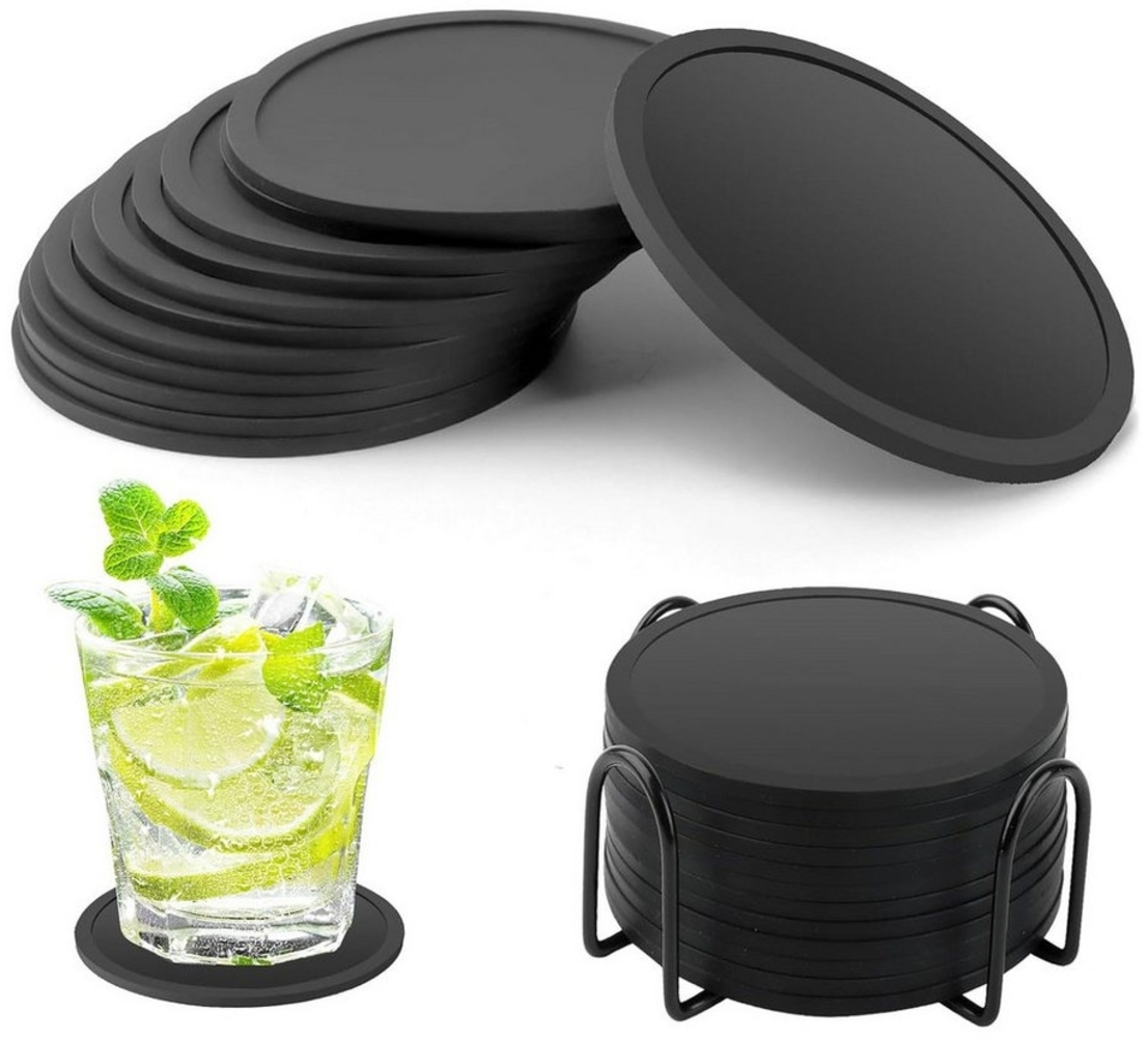 REDOM Getränkeuntersetzer Silikon Untersetzer Set 12-teilig mit Edelstahlständer, Durchmesser 10 cm aus Silikon Rutschfest Hitzebeständig, 12-tlg, Spülmaschinenfest für Getränke Glas Tassen Bar usw Bild 1
