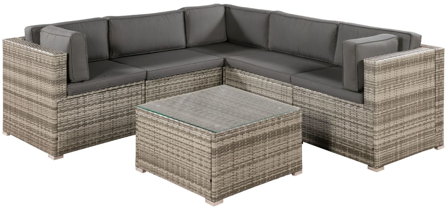 Juskys 'Nassau' Gartenmöbel Set mit Ecksofa, Tisch & Auflagen, Polyrattan, für 5 Personen, Beige-Grau, 210 x 210 cm Bild 1