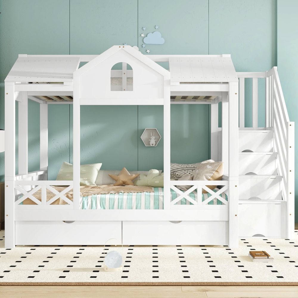Merax Etagenbett, 90 x 200cm & 140 x 200cm Kinderbett, Hochbett Zwei Schubladen mit Rollen, Schöne Fenster und Dach, Treppenhausschrank mit 4 Staufächern, Weiß Bild 1