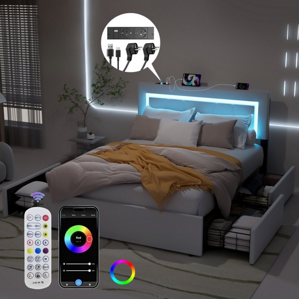 WILGOON Polsterbett LED Doppelbett 160x200 cm, mit 4 Schubladen und Lattenrost (Kopfteil mit stauraum und USB-Ladefunktion, Polsterbett mit Metall Bettgestell, PU-Leder), Funktionsbett Stauraumbetten Jugendbett Bettgestell Leises Design Bett Bild 1