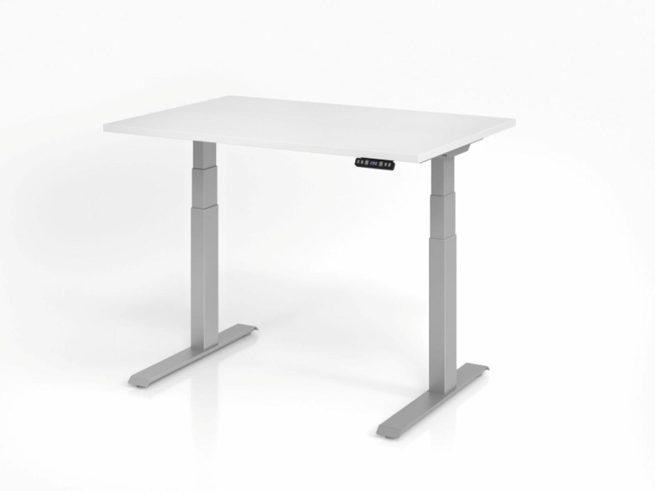 elektrisch höhenverstellbarer Schreibtisch Basic in Weiß und Silber 120 cm breit von der Marke Hammerbacher - Schreibtisch Bürotisch Computertisch - MD111180 Bild 1