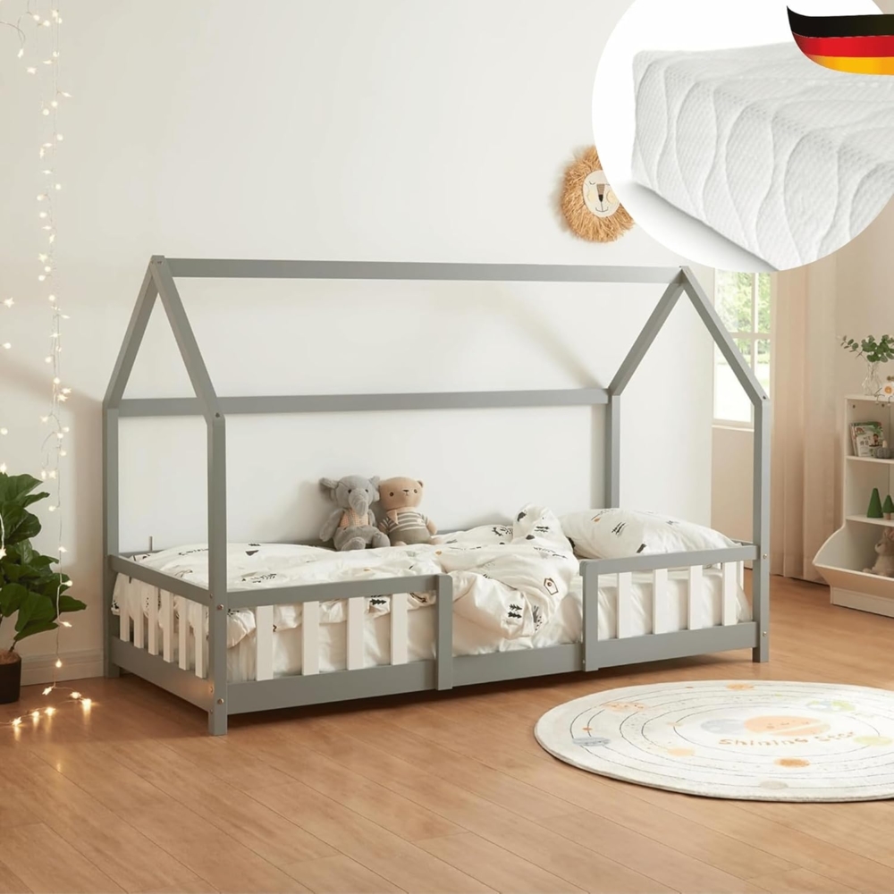 DELUKE® Kinderbett 90x200 cm LULO - Inkl. Matratze Lattenrost Rausfallschutz Einzelbett Hausbett Kinderzimmer Bodenbett Kinder Bett Klein Montessori Bett Grau Bild 1