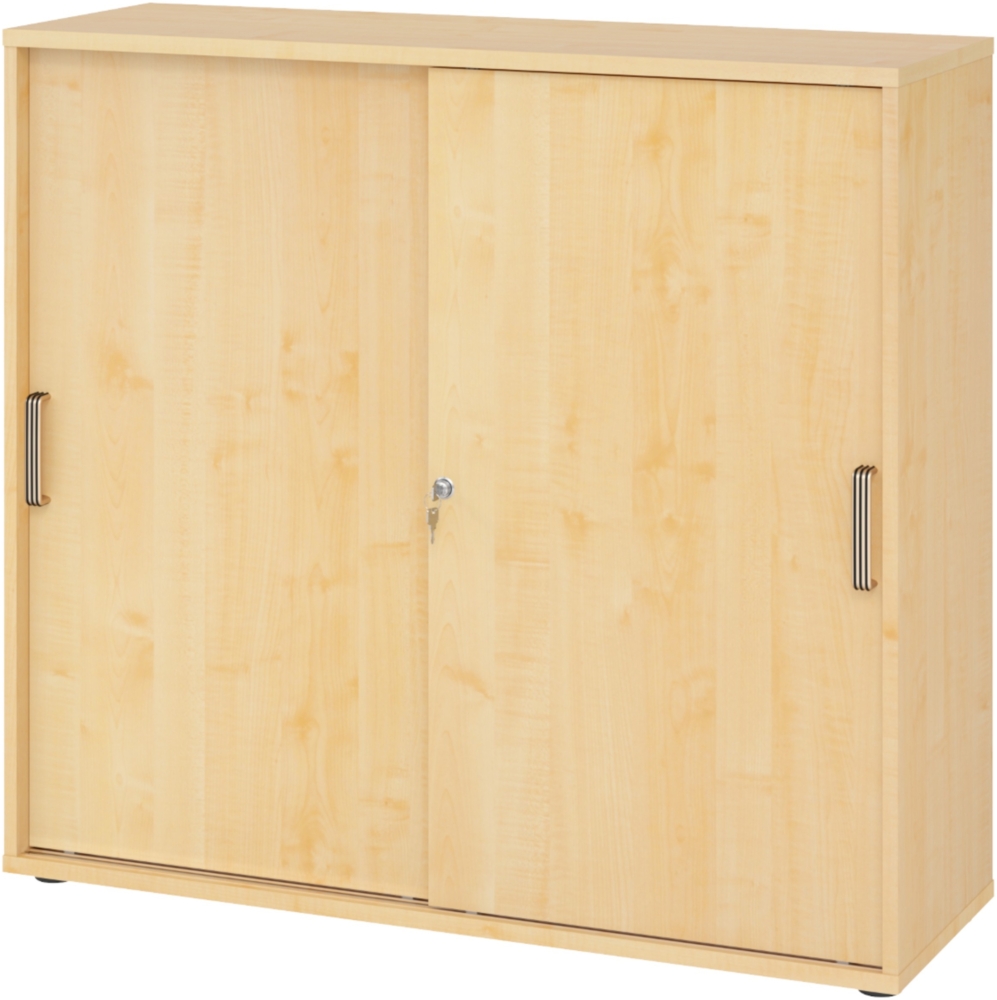 bümö Schiebetürenschrank 3OH - Aktenschrank abschließbar, Sideboard Schrank mit Schiebetüren in Ahorn, Streifengriff - Büroschrank aus Holz mit Schiebetür, Büro Kommode für Ordner & Co, 1753S-3-3-SG Bild 1