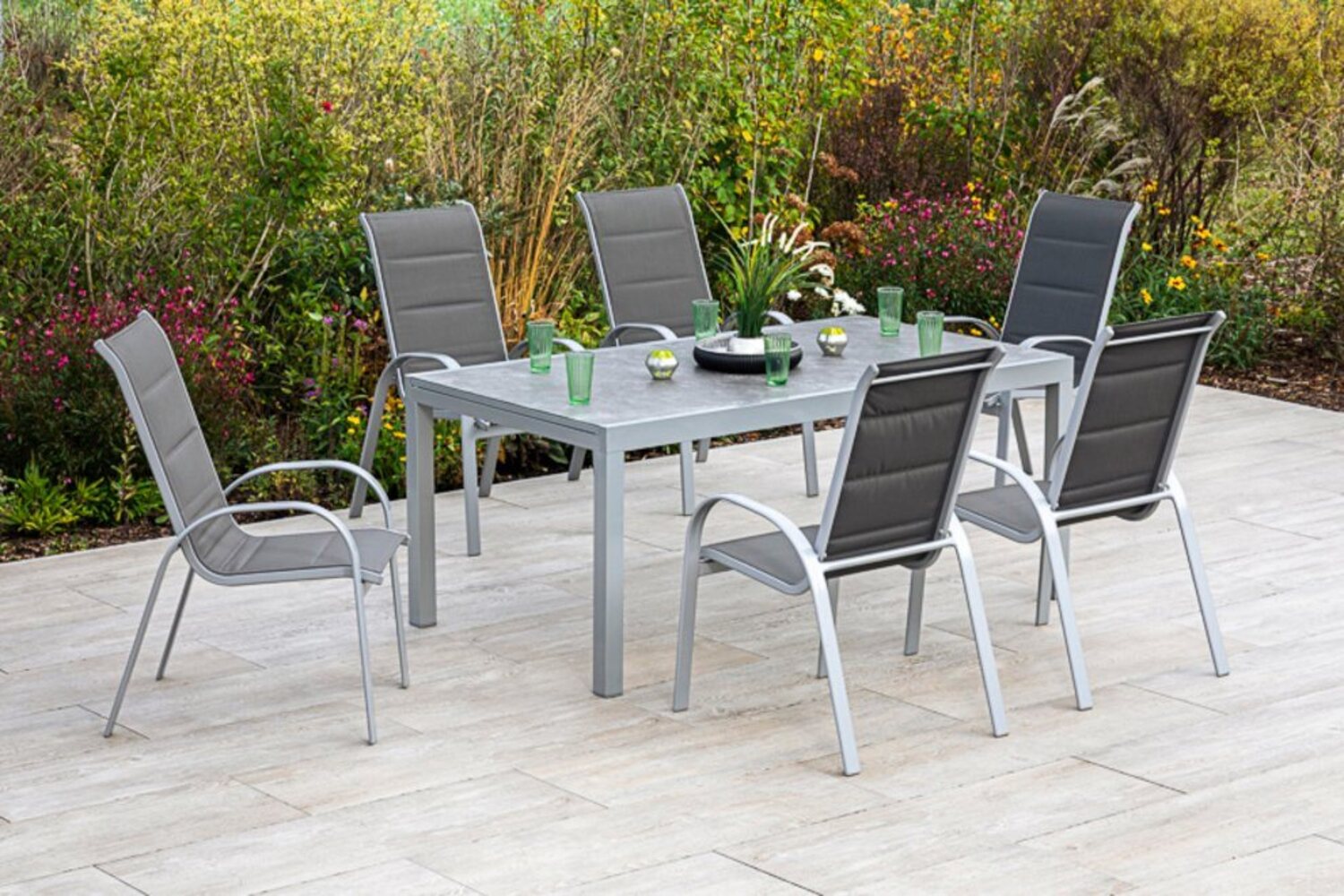 MERXX Garten-Essgruppe Amalfi di lusso, (7-tlg), 6 Stapelsessel, Hochlehner mit ausziehbarem Tisch Bild 1