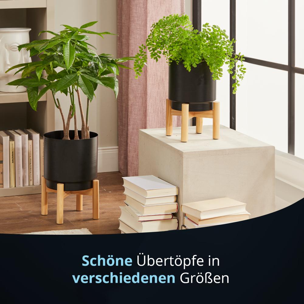 KHG Übertopf Schwarz mit 4 Beinen Holz, Blumentopf rund mit Holzgestell Kiefer, Größe M – Durchmesser 21 cm, Höhe 20 cm, Metall pulverbeschichtet, Stil Modern, Skandi, Industrial, wasserfest Bild 1