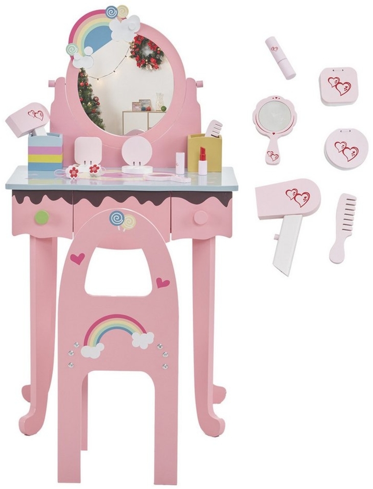 FCH Schminktisch Kinder Schminktisch Set, Prinzessin Frisiertisch, Schminkhocker und 3 Schubladen, Make-up Schminktisch Frisierkommode Bild 1