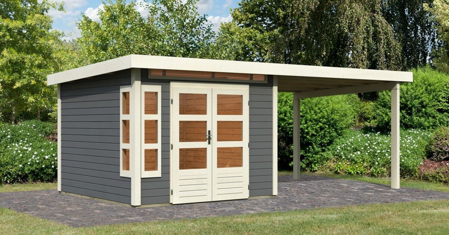Gartenhaus Kastorf 6 - 274x274 cm plus Anbaudach 3,20m mit Wänden, 28 mm Holz terragau, Karibu Bild 1
