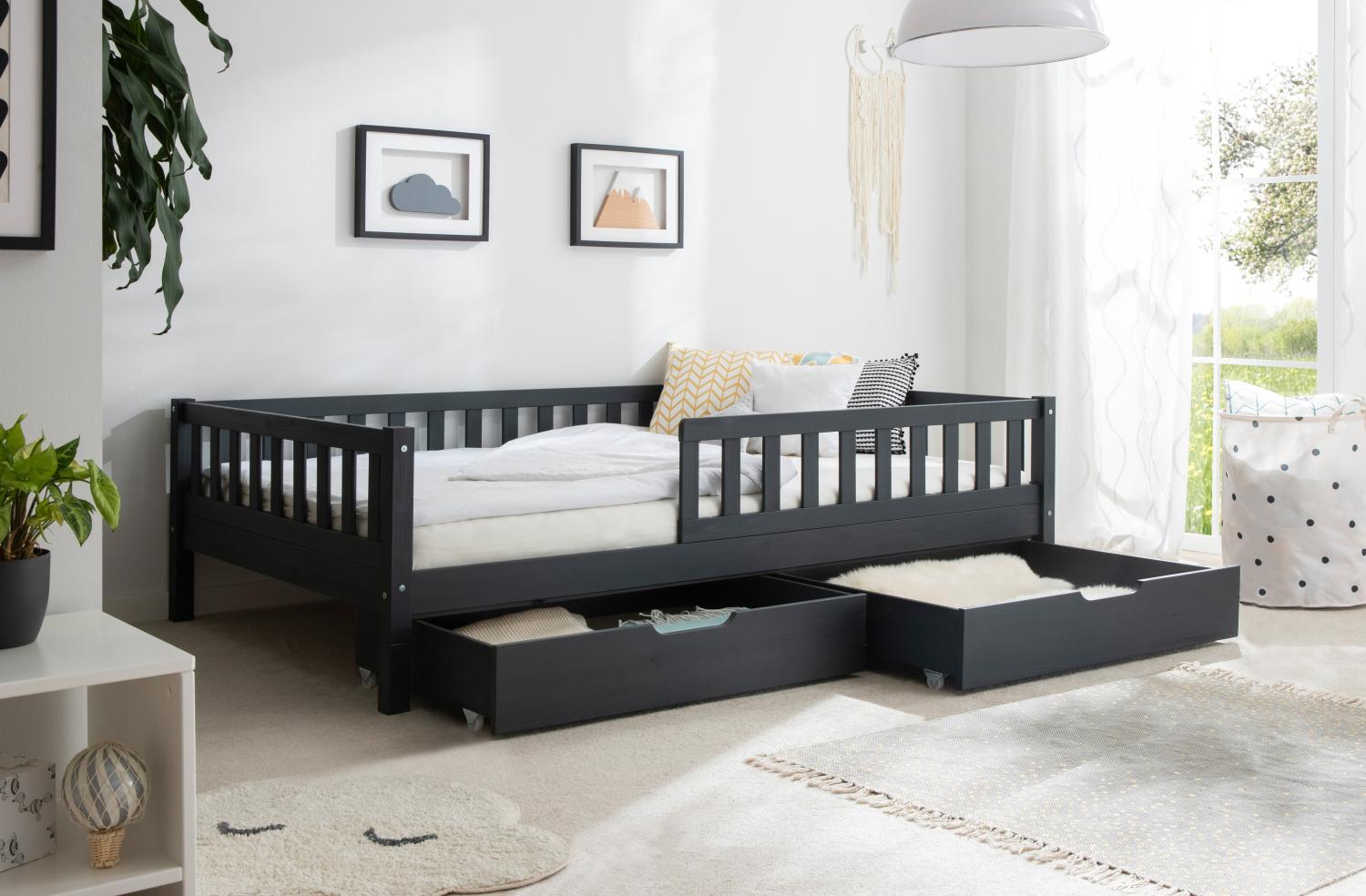 Bodenbett Einzelbett "Mio" 120x200 Kiefer Massiv - anthrazitgrau / 60 cm Schubkasten-Set Bild 1