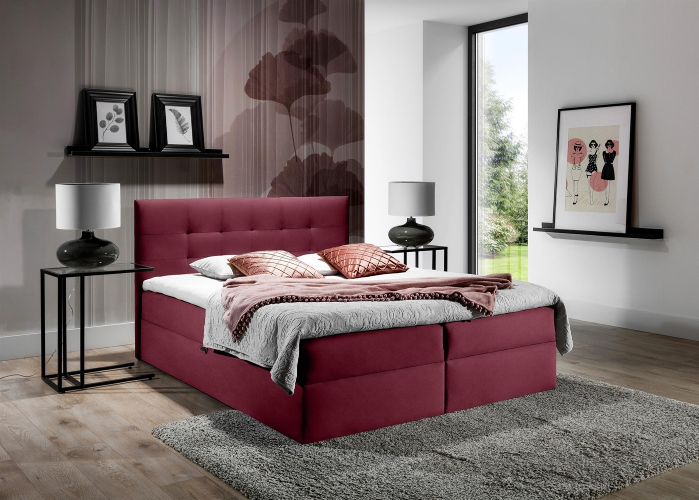 99rooms Chester Boxspringbett Velours ROYAL VELVET Bordeaux 160x200 cm Bild 1