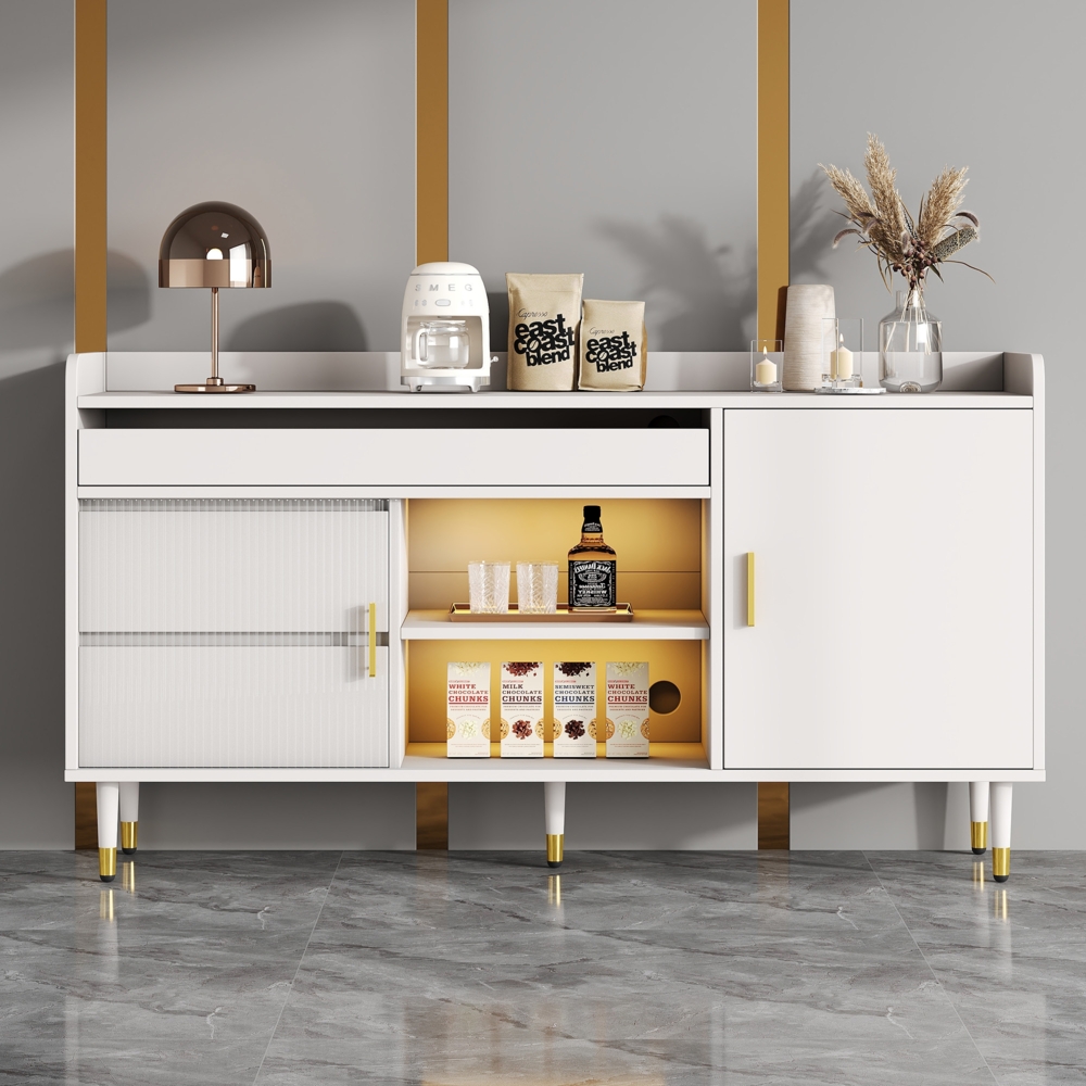 Merax Sideboard mit Glasschiebetüren und LED-Beleuchtung – Freistehende Kommode aus Holz, Buffetschrank, Küchenmöbel, Elegante Holzanrichte für Esszimmer, Wohnzimmer oder Flur, Weiß, B140/D38/H76 Bild 1