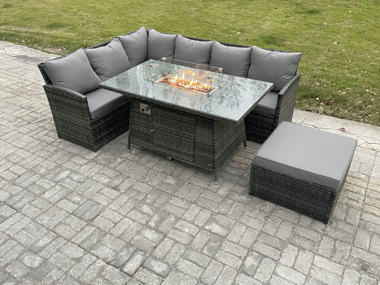 Fimous 7 Sitzer Rattan Gartenmöbel-Sets Hoher Rücken Ecksofa Gas Feuertisch Set mit Großer Fußhocker Dunkelgrau gemischt Bild 1