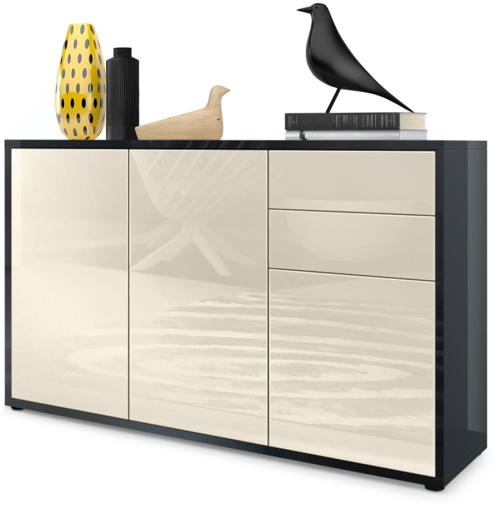 Vladon Sideboard Ben V3, Kommode mit 3 Türen und 2 Schubladen, Schwarz Hochglanz/Creme Hochglanz (117 x 74 x 36 cm) Bild 1