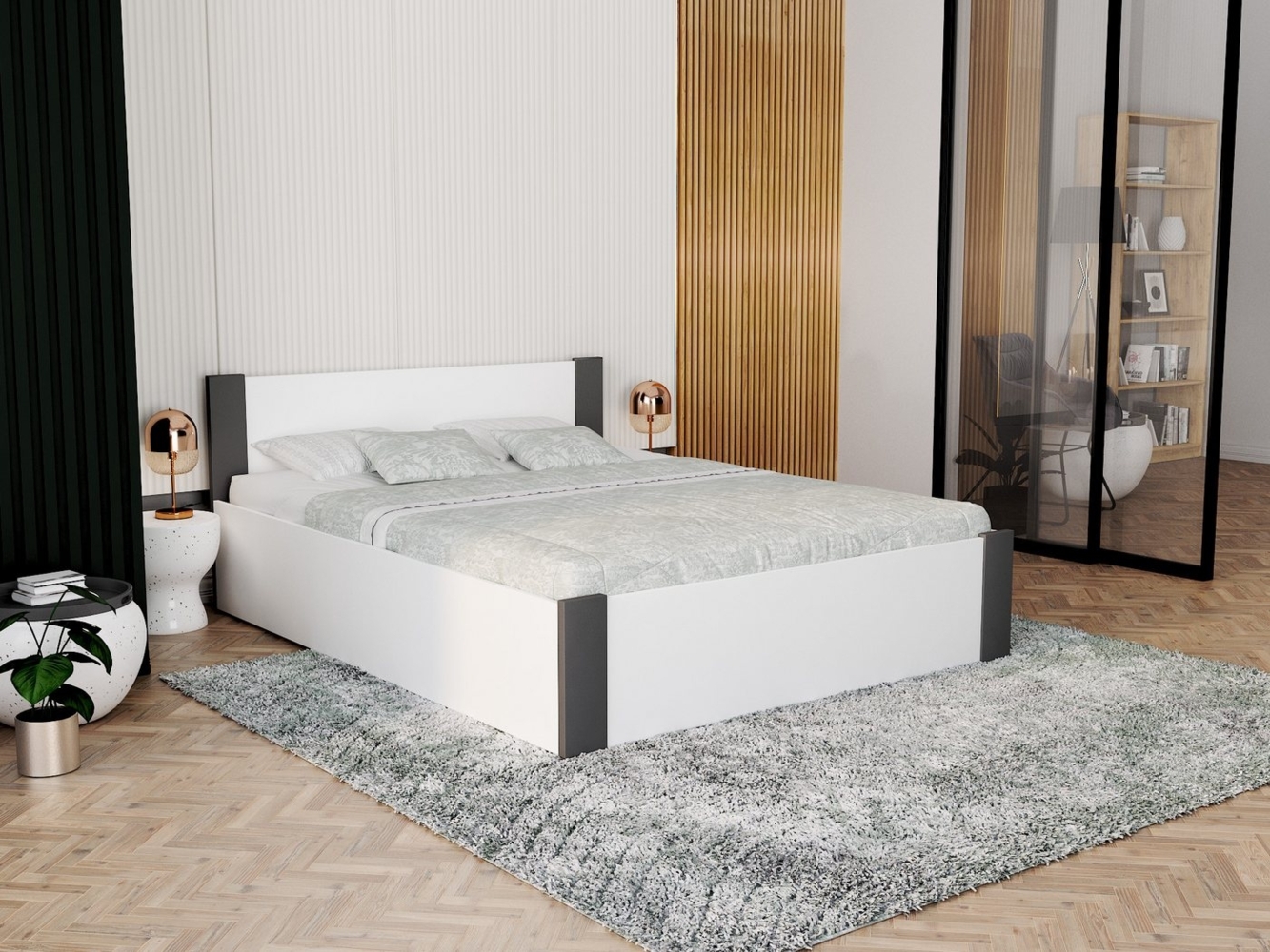 FDM Stauraumbett mit Bettkasten und Lattenrost Doppelbett (viele Größen wählbar 120x200, 140x200, 160x200 und 180x200 cm, ideal für Paare, in Weiß-Natur oder Weiß-Grau), Metallrahmen mit hydraulischer Klappfunktion Bild 1