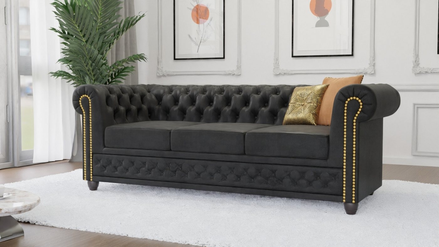 S-Style Möbel Chesterfield-Sofa Anton 3 sitzer Sofa mit Schlaffunktion mit Holzfüßen, 1x 3-Sitzer-Sofa mit Schlaffunktion, mit Wellenfederung Bild 1