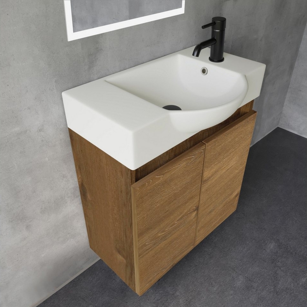 Alpenberger Badmöbel-Set Gäste WC Waschbecken mit Unterschrank 55 cm Breit, (Badschrank Klein, Badmöbel Set Eiche), Waschbeckenunterschrank mit Waschbecken Bild 1