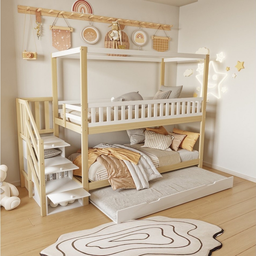 Flieks Etagenbett, Massivholz Kinderbett 90x200cm mit Ausziehbett 90x190cm Stauraumtreppe Bild 1